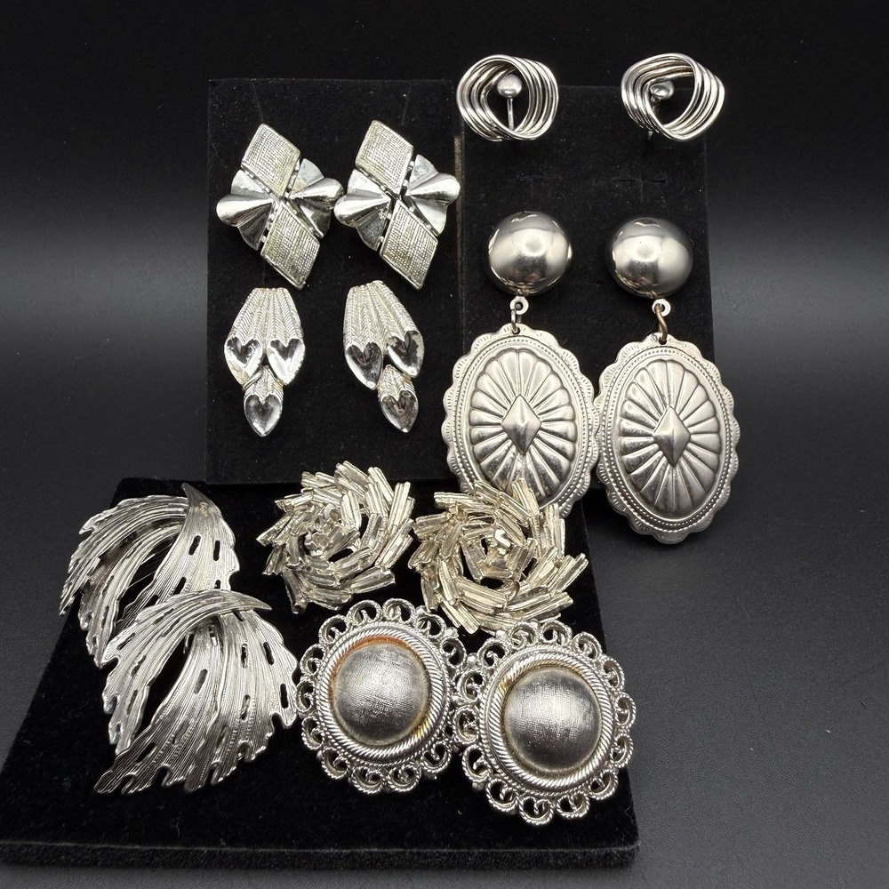 Vtg Silver Tone Geometric Clip On Earrings Lot of 7 Textured Brutalist Statement